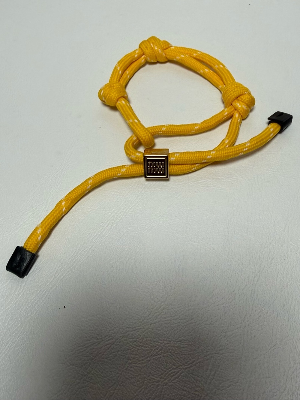 Miu Miu Yellow Rope Knot Cord Bracelet with Gold Logo Slider